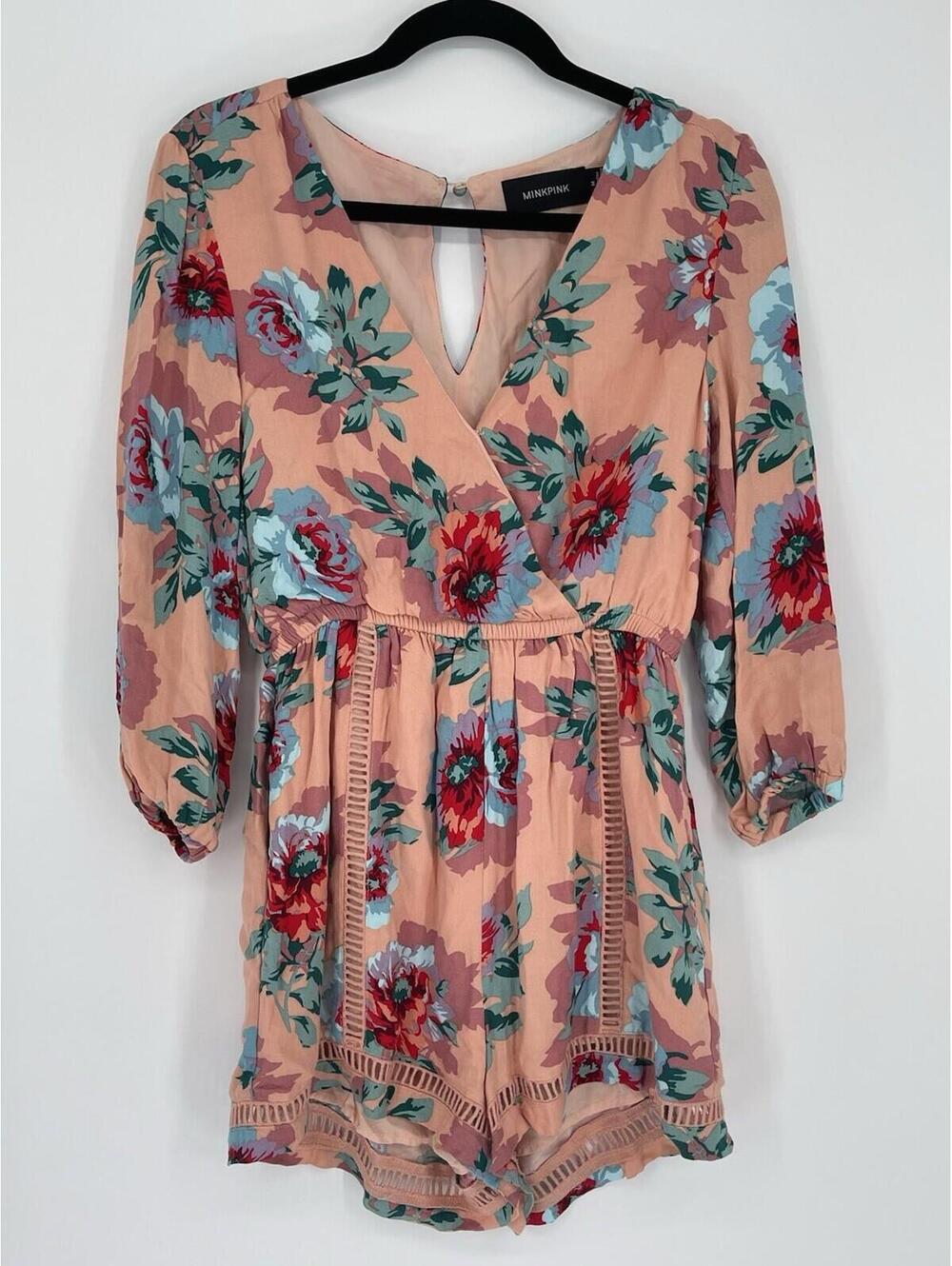 MINKPINK Floral Romper Peach Boho V-Neck Lace Trim Women's M